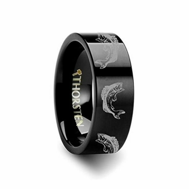 Thorsten BASS Fish Jumping Lake Stream Sport Fish Print Pattern Flat Tungsten Ring 6mm Wide Wedding Band from Roy Rose Jewelry 